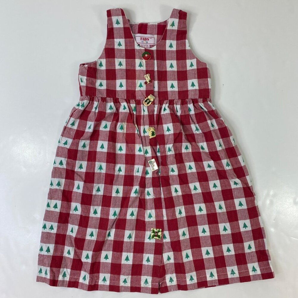 Vintage Christmas Red Checkered Christmas Girls Dress Tree Ceramic Button Size 5